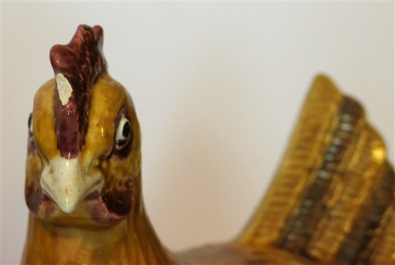 Carved Wood Polychrome Painted Rooster Statue and Ceramic Hen on Nest - Wood Chicken Measures 10 Tall 11 Beak to Tail - Hen on Nest Has Chips on Comb