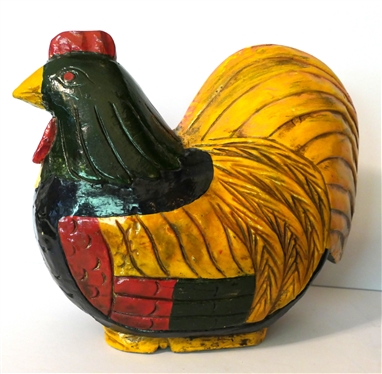 Carved Wood Polychrome Painted Rooster Statue and Ceramic Hen on Nest - Wood Chicken Measures 10 Tall 11 Beak to Tail - Hen on Nest Has Chips on Comb
