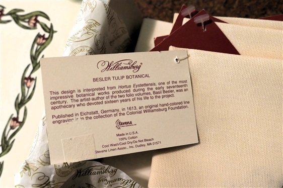 Colonial Williamsburg Table Linens - All New with Original Tags -4 Besler Tulip Botanical Cloth Napkins and 4 Matching Placemats 