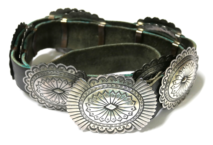 Vintage Navajo Concho Belt - Buckle Marked S. James - Sterling - All Conchos and Buckle are Hand Stamped - Buckle Measures 3" by 2 1/4" - 9 Hand Stamped Conchos - Each Measure 2 3/4" by 2 1/8" -...
