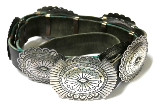 Vintage Navajo Concho Belt - Buckle Marked S. James - Sterling - All Conchos and Buckle are Hand Stamped - Buckle Measures 3 by 2 1/4 - 9 Hand Stamped Conchos - Each Measure 2 3/4 by 2 1/8 -...