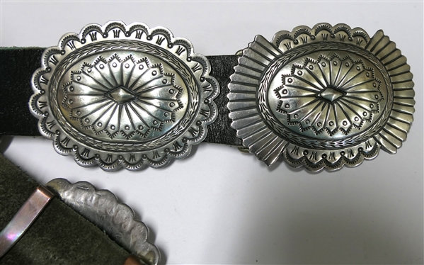 Vintage Navajo Concho Belt - Buckle Marked S. James - Sterling - All Conchos and Buckle are Hand Stamped - Buckle Measures 3 by 2 1/4 - 9 Hand Stamped Conchos - Each Measure 2 3/4 by 2 1/8 -...