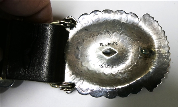 Vintage Navajo Concho Belt - Buckle Marked S. James - Sterling - All Conchos and Buckle are Hand Stamped - Buckle Measures 3 by 2 1/4 - 9 Hand Stamped Conchos - Each Measure 2 3/4 by 2 1/8 -...