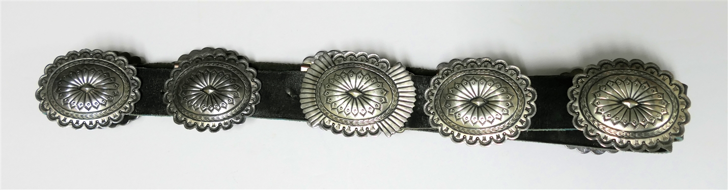 Vintage Navajo Concho Belt - Buckle Marked S. James - Sterling - All Conchos and Buckle are Hand Stamped - Buckle Measures 3 by 2 1/4 - 9 Hand Stamped Conchos - Each Measure 2 3/4 by 2 1/8 -...