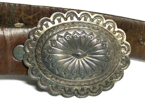 Hand Stamped Native American Concho Buckle with Leather Belt - Buckle Measures 2 5/8 By 2 - Belt Size 38 