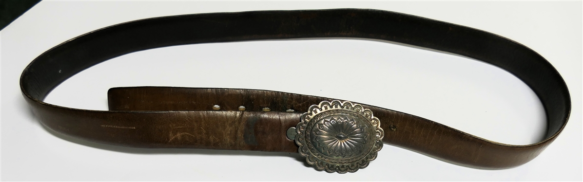 Hand Stamped Native American Concho Buckle with Leather Belt - Buckle Measures 2 5/8 By 2 - Belt Size 38 