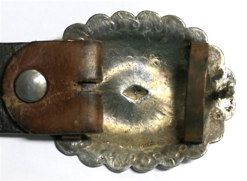 Hand Stamped Native American Concho Buckle with Leather Belt - Buckle Measures 2 5/8 By 2 - Belt Size 38 
