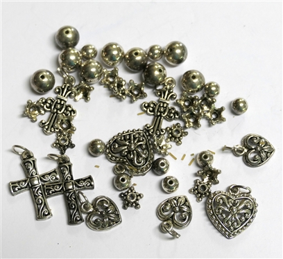 Bag of Silver-tone Beads - Crosses, Hearts,  and Silver Ball Beads 