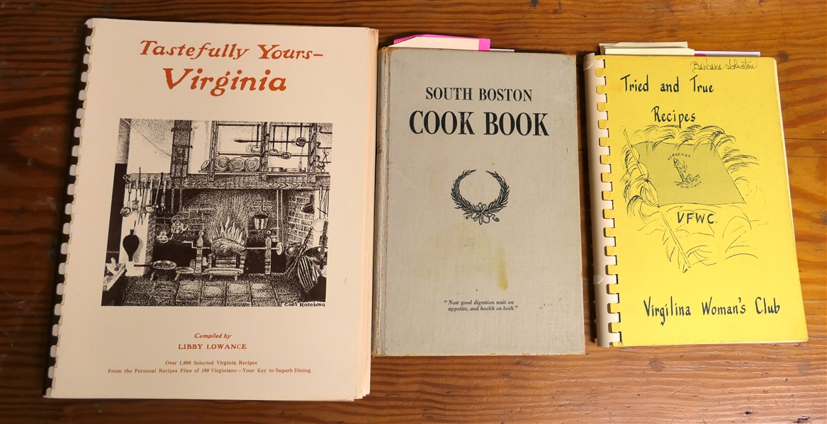 3 Vintage South Boston Virginia Cookbooks - "South Boston Cookbook" Circa 1923 - Hardcover, "Tried and True Recipes" Virgilina Womans Club, and "Tastefully Yours- Virginia" Compiled by Libby...