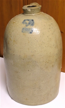 2 Gallon Stone Jug with Blue 2 - Measures 12 Tall - 2 Chips on Underside of Spout 