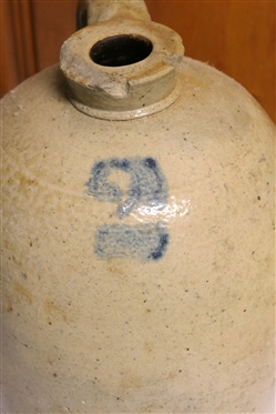 2 Gallon Stone Jug with Blue 2 - Measures 12 Tall - 2 Chips on Underside of Spout 