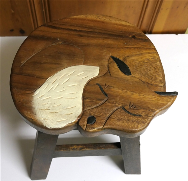 Sleeping Fox Wood Stool - Made in Thailand - Measures 10" tall 10" by 9" 