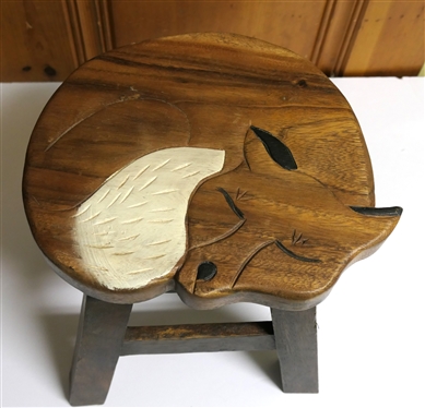 Sleeping Fox Wood Stool - Made in Thailand - Measures 10 tall 10 by 9 