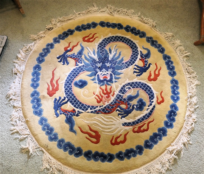 Oriental Round Dragon Wool Rug  - Thick Wool with Blue Dragon in Center - Blue Cloud Border - Rug Measures 50" Across without Fringe
