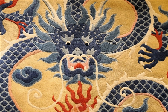 Oriental Round Dragon Wool Rug  - Thick Wool with Blue Dragon in Center - Blue Cloud Border - Rug Measures 50 Across without Fringe