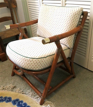 Very Nice Mid Century Vogue Casual - Vogue Rattan Design Chair - Made in Lexington Kentucky - Spring Seat - Brass Tipped Arms - Clean Seat and Back Cushions - All Rattan Appears Good - Measures...
