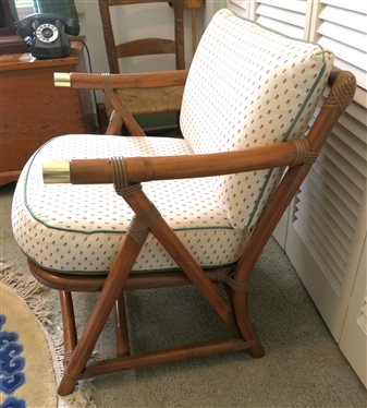 Very Nice Mid Century Vogue Casual - Vogue Rattan Design Chair - Made in Lexington Kentucky - Spring Seat - Brass Tipped Arms - Clean Seat and Back Cushions - All Rattan Appears Good - Measures...