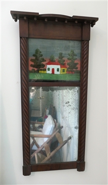 Antique Federal Mirror - Reverse Painted Home House Scene At Top - Braided Colum Style Pilasters - Mirror Measures 32 by 16