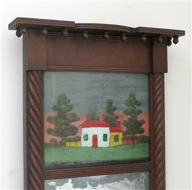 Antique Federal Mirror - Reverse Painted Home House Scene At Top - Braided Colum Style Pilasters - Mirror Measures 32 by 16