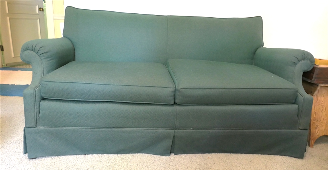 Nice Traditional Green Loveseat Sofa  - Hunter Green Herringbone / Diamond Upholstery -2 Cushion Seat - Solid Back  Measures 70" Long 