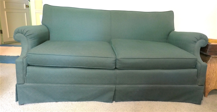 Nice Traditional Green Loveseat Sofa  - Hunter Green Herringbone / Diamond Upholstery -2 Cushion Seat - Solid Back  Measures 70 Long 
