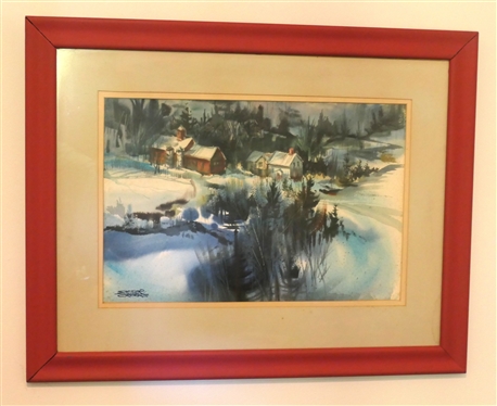 Spencer Crookes Original Watercolor Painting - Winter Scene - Framed and Matted - Frame Measures 24 By 30 1/2
