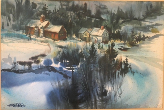 Spencer Crookes Original Watercolor Painting - Winter Scene - Framed and Matted - Frame Measures 24 By 30 1/2