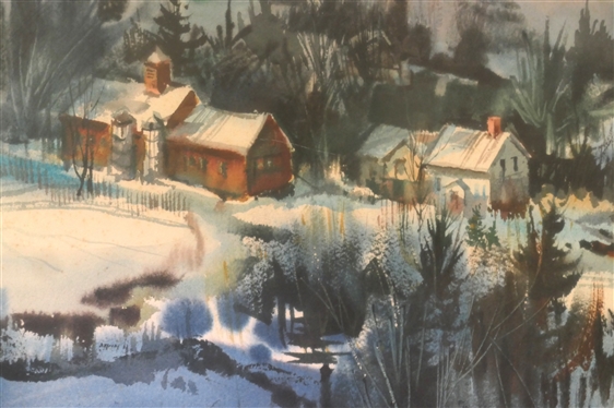 Spencer Crookes Original Watercolor Painting - Winter Scene - Framed and Matted - Frame Measures 24 By 30 1/2