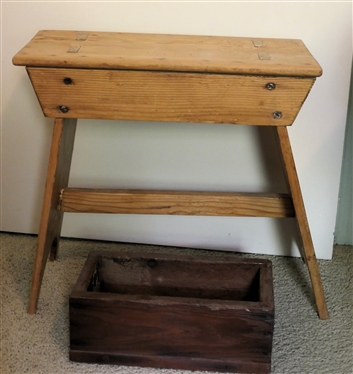Pine Storage Box and Unfinished Pine Mortised Stool - Splayed Legs - Stretcher Base Stool Measures 17 Tall 18 by 8 1/2