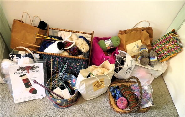 LARGE Lot of Knitting Materials - Quilted Travel Kit for Needles and Hooks, Knitting Needles, Cross Stich Patterns, Sewing Baskets, 100% Virgin Wool Yarn, Norwegian Wool,  Salsa Yarn, Many New...