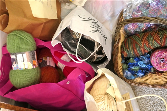 LARGE Lot of Knitting Materials - Quilted Travel Kit for Needles and Hooks, Knitting Needles, Cross Stich Patterns, Sewing Baskets, 100% Virgin Wool Yarn, Norwegian Wool,  Salsa Yarn, Many New...
