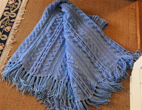 Blue Hand Knitted Throw Blanket Made By Barbara Johnston - Twin Size  - Pretty Light Blue 