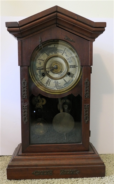 New Haven Clock Co. 8 Day Striking Clock - No. 753 - Brass Ormolu Details on Case Door - Some Finish Loss to Dial - With Key and Pendulum - Case Measures 19" Tall 