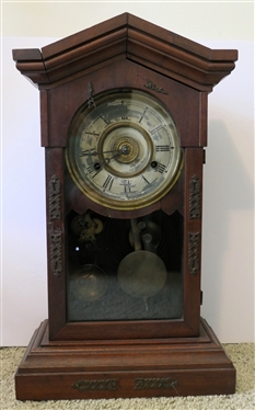 New Haven Clock Co. 8 Day Striking Clock - No. 753 - Brass Ormolu Details on Case Door - Some Finish Loss to Dial - With Key and Pendulum - Case Measures 19 Tall 