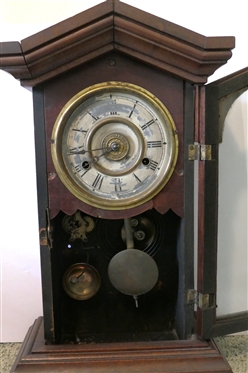 New Haven Clock Co. 8 Day Striking Clock - No. 753 - Brass Ormolu Details on Case Door - Some Finish Loss to Dial - With Key and Pendulum - Case Measures 19 Tall 