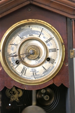 New Haven Clock Co. 8 Day Striking Clock - No. 753 - Brass Ormolu Details on Case Door - Some Finish Loss to Dial - With Key and Pendulum - Case Measures 19 Tall 