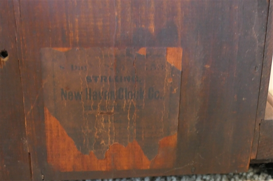 New Haven Clock Co. 8 Day Striking Clock - No. 753 - Brass Ormolu Details on Case Door - Some Finish Loss to Dial - With Key and Pendulum - Case Measures 19 Tall 