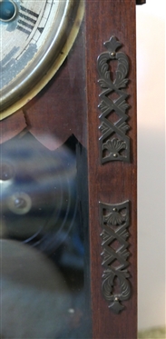 New Haven Clock Co. 8 Day Striking Clock - No. 753 - Brass Ormolu Details on Case Door - Some Finish Loss to Dial - With Key and Pendulum - Case Measures 19 Tall 