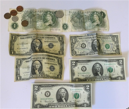 Coin and Currency Lot including - 1935 D Blue Seal Dollar, 1935 E Blue Seal Dollar, 2 - 1976 Bicentennial $2 Bills, 2 Bank of England 1 Pound Notes, 1967 Quarter, 21 Wheat Pennies, 2  Dimes, and...