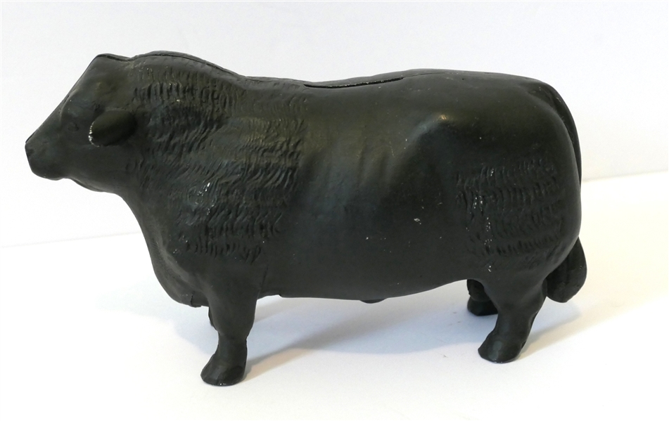 Contemporary Cast Iron Black Angus Bull Bank - with Some Money Inside - Bank Measures 3" Tall 7" Nose to Tail 