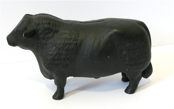 Contemporary Cast Iron Black Angus Bull Bank - with Some Money Inside - Bank Measures 3 Tall 7 Nose to Tail 