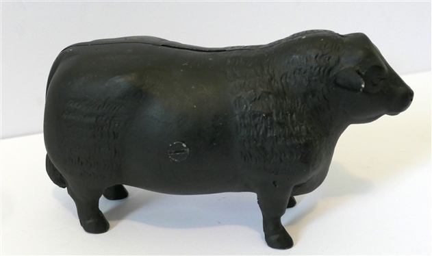 Contemporary Cast Iron Black Angus Bull Bank - with Some Money Inside - Bank Measures 3 Tall 7 Nose to Tail 
