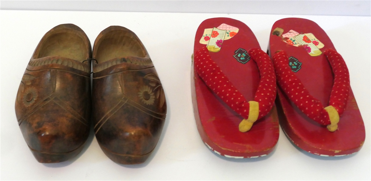 2 Pairs of Vintage Childrens Shoes - Japanese Sandals with Bells and Hand Carved Wooden Dutch Shoes - Red Sandals Measure 6 1/4" Long 