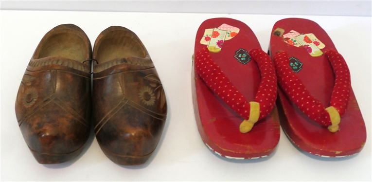 2 Pairs of Vintage Children''s Shoes - Japanese Sandals with Bells and Hand Carved Wooden Dutch Shoes - Red Sandals Measure 6 1/4 Long 