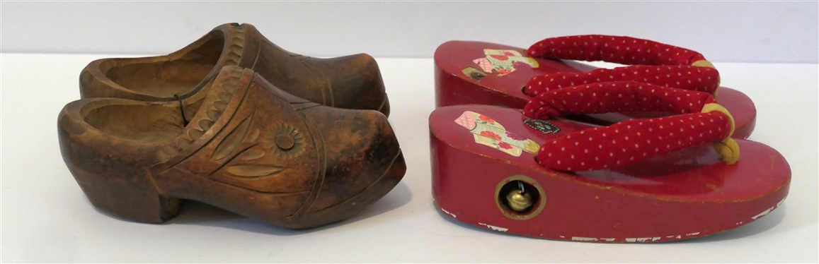 2 Pairs of Vintage Children''s Shoes - Japanese Sandals with Bells and Hand Carved Wooden Dutch Shoes - Red Sandals Measure 6 1/4 Long 