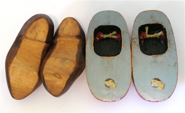 2 Pairs of Vintage Children''s Shoes - Japanese Sandals with Bells and Hand Carved Wooden Dutch Shoes - Red Sandals Measure 6 1/4 Long 