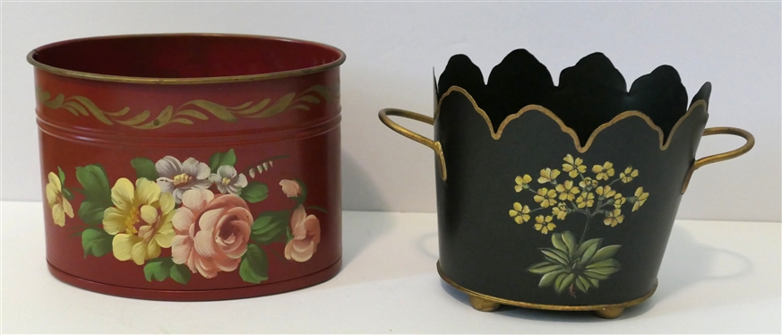 2 Hand Painted Towle Ware Planters -Red with Roses and Black with Gold Trim -Yellow Flowers - Measures 5 Tall 5 1/2 Across