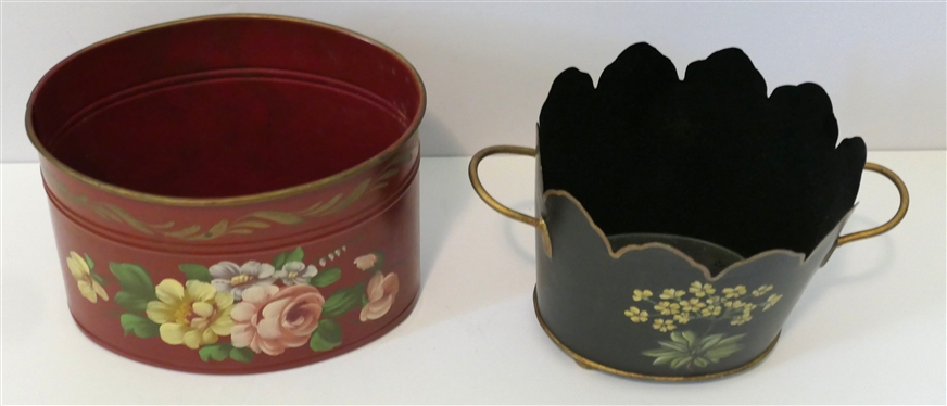 2 Hand Painted Towle Ware Planters -Red with Roses and Black with Gold Trim -Yellow Flowers - Measures 5 Tall 5 1/2 Across
