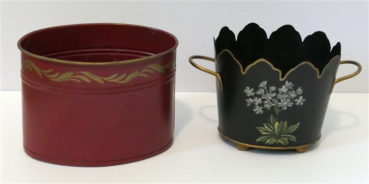 2 Hand Painted Towle Ware Planters -Red with Roses and Black with Gold Trim -Yellow Flowers - Measures 5 Tall 5 1/2 Across