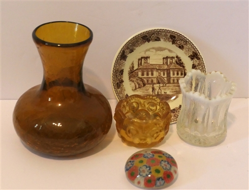 Lot of Glass Items - Millefiori Paperweight, Hand Blown Amber Crackel Glass Vase, Opalescent Tooth Pick Holder, Amber Moon and Star Salt Dip, and Old English Staffordshire  Stratford Hall Small Dish